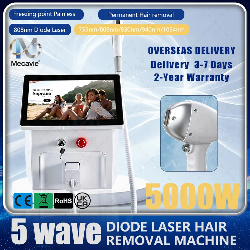 Mecavie 5 Wavelength Diode Laser Hair Removal Machine 5000W 10 Bars FAC Fast Axis Collimation Freezing Point Painless 2Year Warr