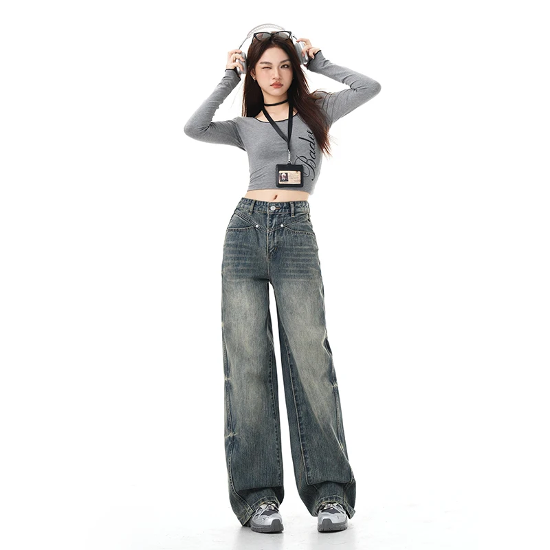 

【YKKZipper】Новые женские джинсы в американском ретро-стиле, синие, с бамбуковым узором, свободного кроя, широкие, в пол, для повседневной носки