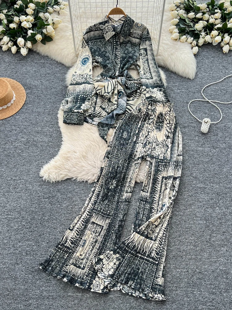

Fashion Printed Long Pants Suits for Women Long Sleeve Slim Shirt Match High Waist Wide Leg Trouser Female Beach Set