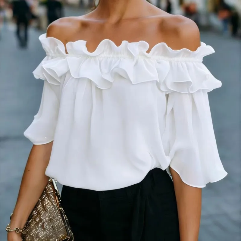 

Women Elegant Off Shoulder Shirt Top Ruffle Blouse Chiffon Short Sleeve Casual Summer Tops Party Night Out Navy Blue Shirt Tops