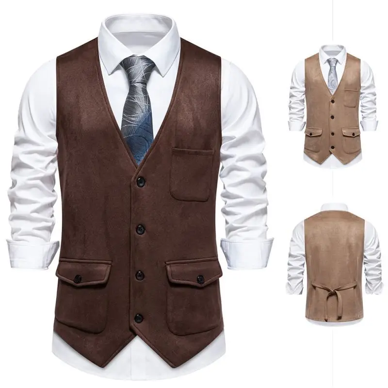 European Men's Solid Color Single Breasted Vest with Flap, Genuine Pocket, Suede Velvet Style Men's Suit, Retro Vest