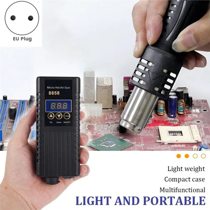 RMWIN-1Set Hot Air Rework Station, LCD Digital Display Soldering Hot Air Guns, Portable Mini Rework Dryer-Type Solder EU Plug