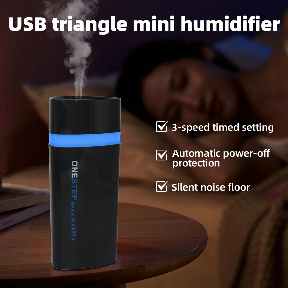 Треугольный USB-увлажнитель, светодиодный диффузор, тихая работа, автоматическое отключение, компактный для домашнего офиса, стола, простая переноска и использование