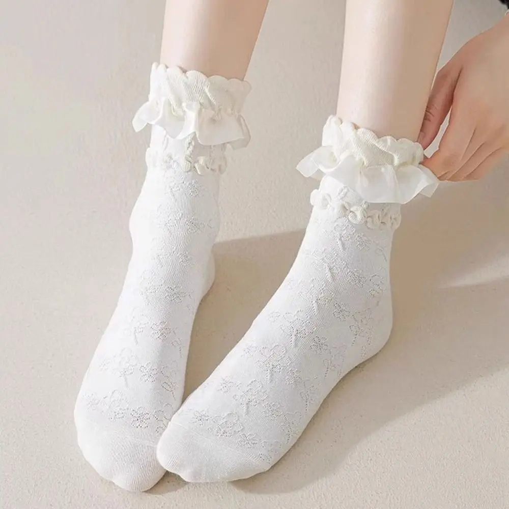 Cute Lolita Stockings Breathable Lightweight Women's Short Socks Black White Elastic Lace-trimmed Stockings For Women Girls