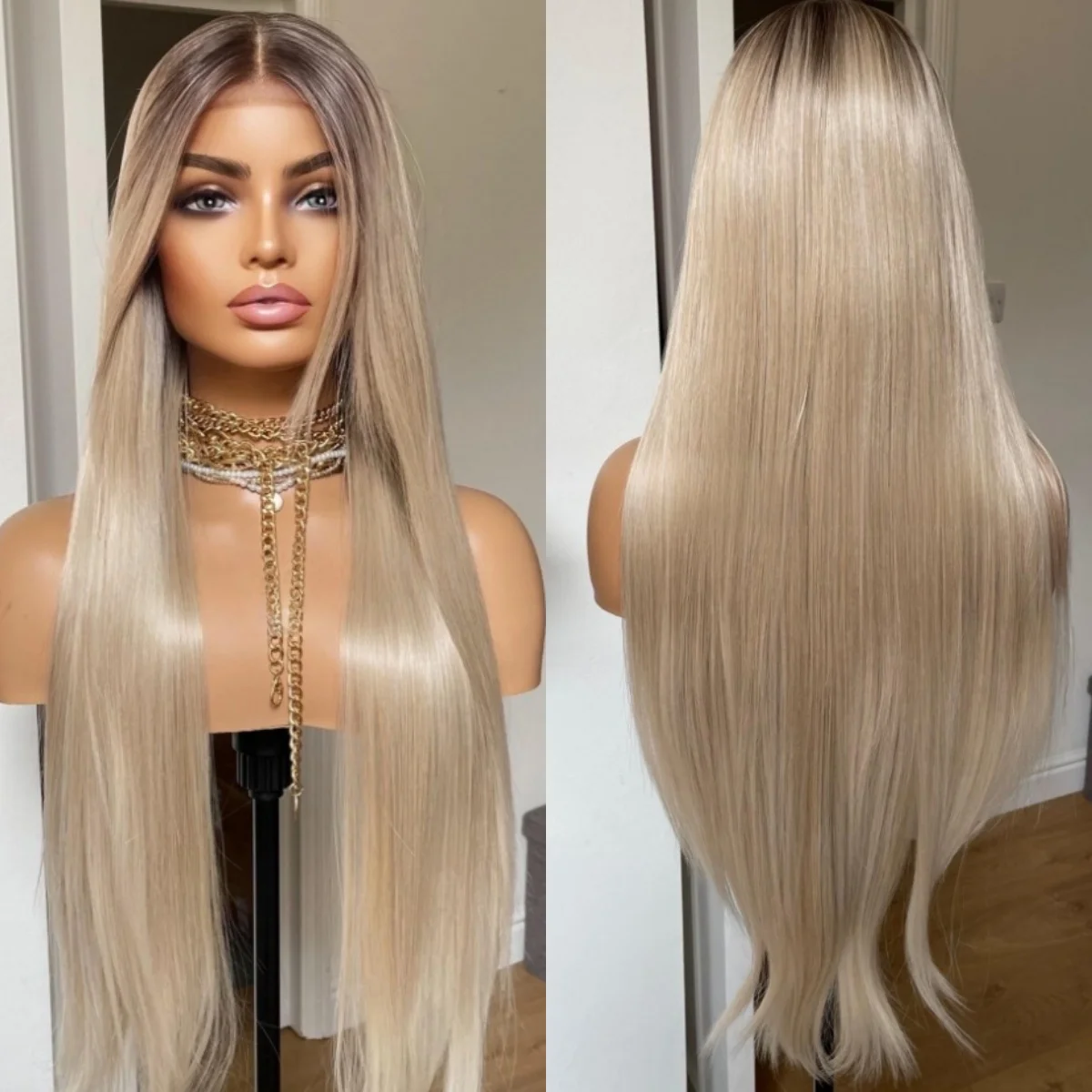 

Платиновый блондин, прямой синтетический кружевной фронтальный парик 13x4, реалистичный вид, длинные свободные стильные кружевные парики, женские волосы высокого качества