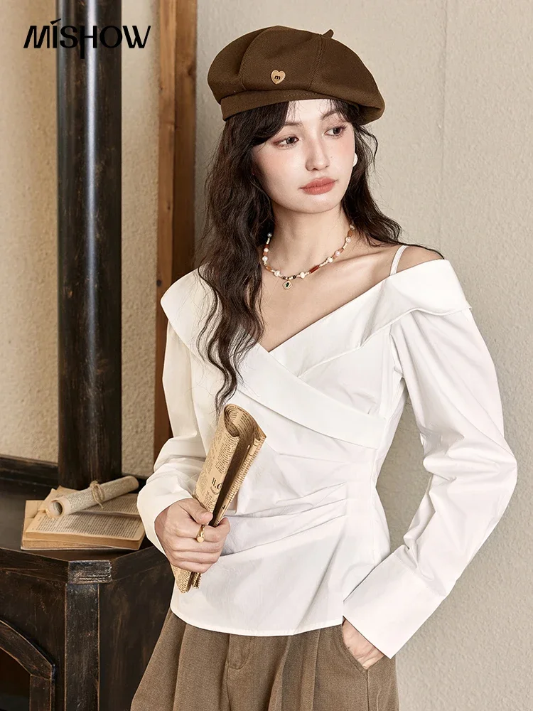 

MISHOW Cross V-neck Off Shoulder Long Sleeve Shirt for Women Autumn 2024 100 Cotton Sloping Shoulders Pleats Shirts MXD44C0347