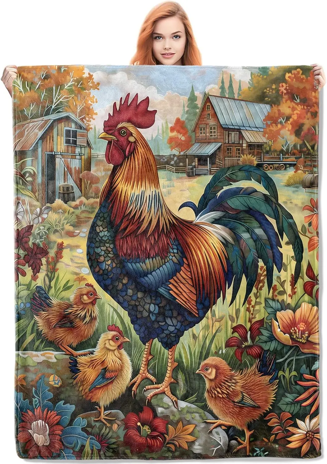 

Rooster Throw Blanket Gifts for Women Farmhouse Rustic Country Blankets for Living Room Home Decor Cozy Flannel Custom blankets