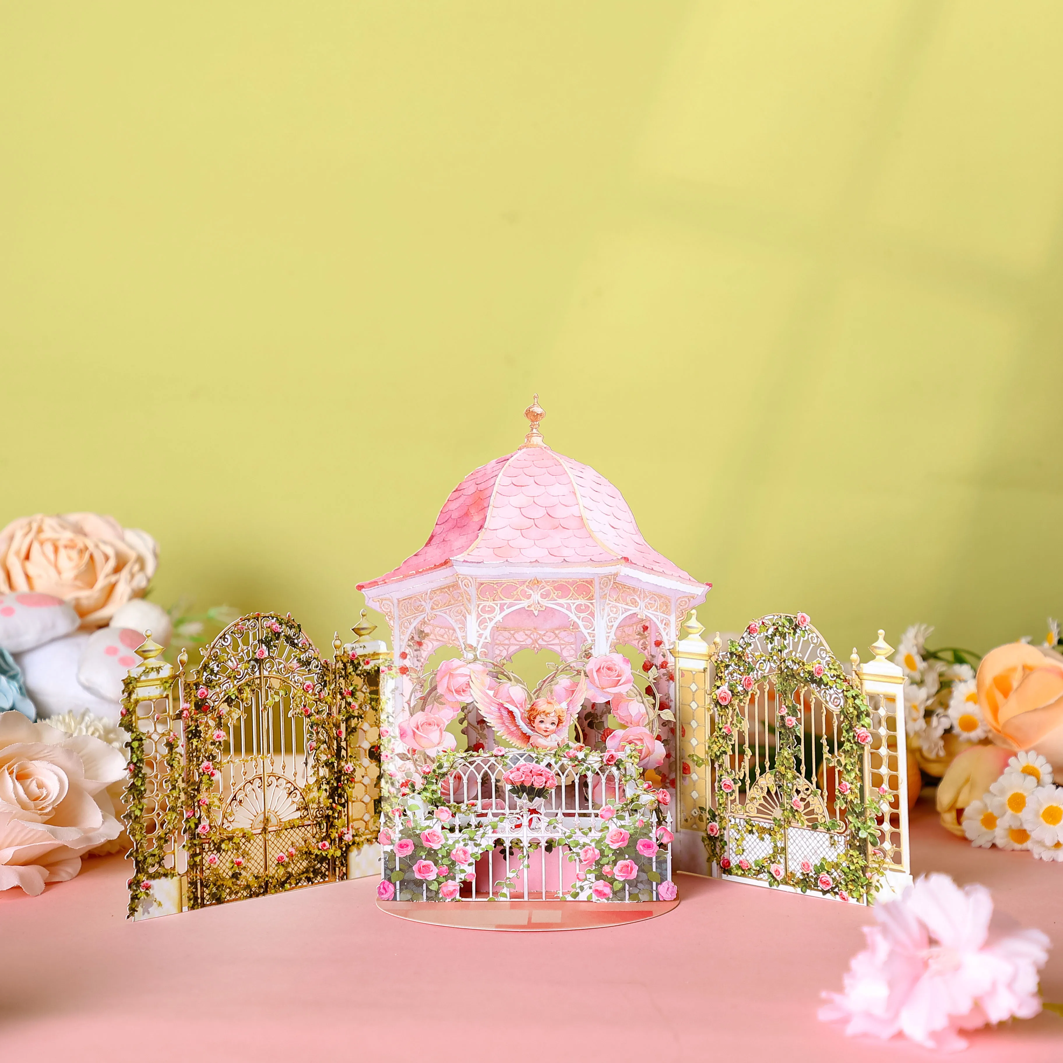 Pink Rose Manor 3D-Grußkarte, geeignet für Geburtstage, Jubiläen und andere Anlässe
