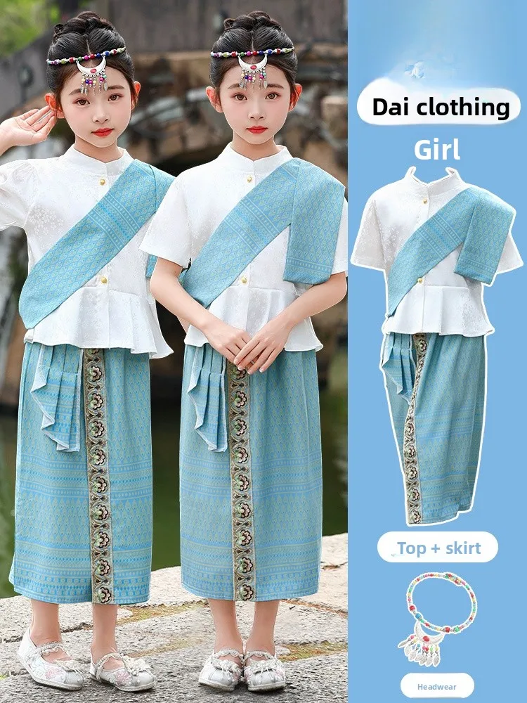 

New Tai Ethnic Children's Women's Dance Skirt Daily National Clothing Water-Sprang Festival Ethnic Stage Costume Polyester
