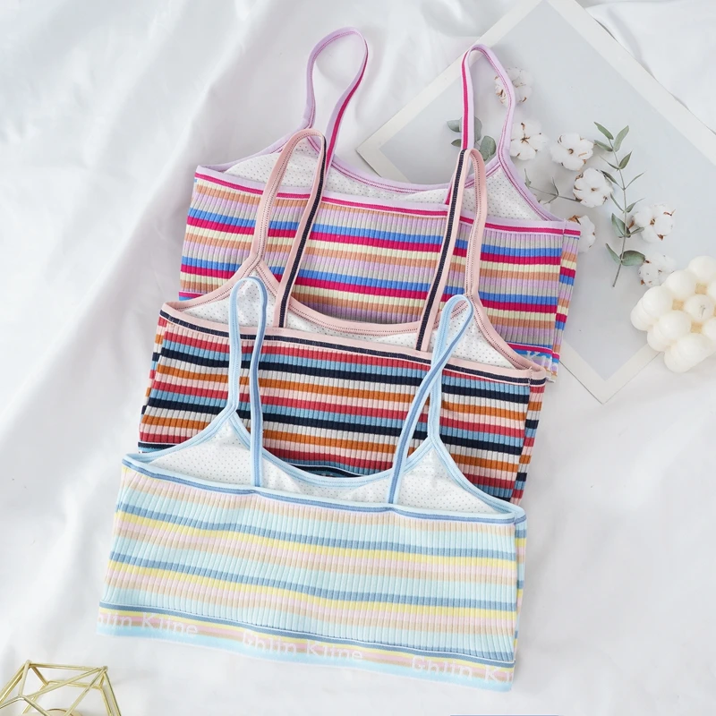 Girls Striped Underwear Spaghetti Straps Without Steel Ring Small Vest Soft And Comfortable Mesh Breathable Teenage Clothing