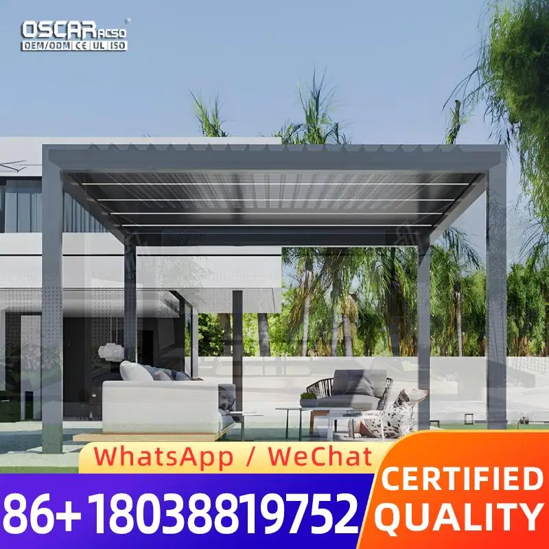 Spacious Aluminum Pergola with Adjustable Louvered Roof and Retractable Canopy Modern Innovative Backyard Deck Garden Patio Use
