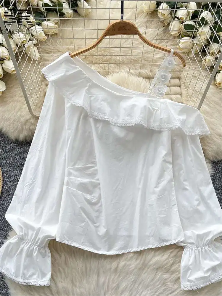 

BabYoung Ruffles Sweet Off Shoulder Shirts Lantern Sleeve French Zipper Design Blouse Versatile Summer 3D Strap Loose Tops