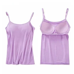 Summer Padded Bra Tank Top Women Modal Spaghetti Solid Cami Tops Vest Female Camisole with Built In Bra Fitness Yoga Clothing