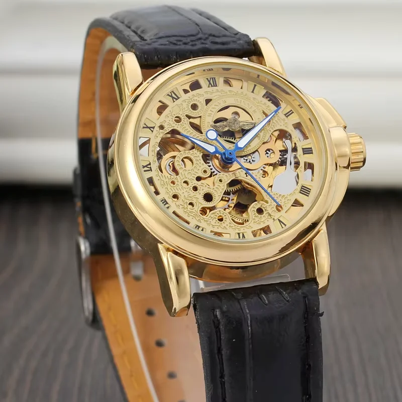 WINNER Luxury Fashion Casual Gold Openwork Dial Blue Pointer Black Strap Men's Automatic Wrist Watch