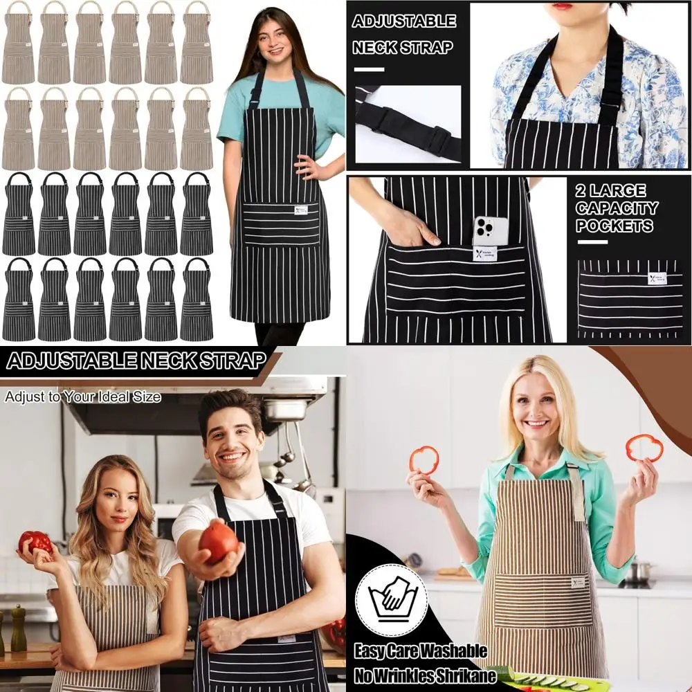 

Unisex Chef Aprons Bulk Set, 24 Linen Cooking Kitchen Aprons with 2 Pockets, Adjustable Bib Style for Men and Women