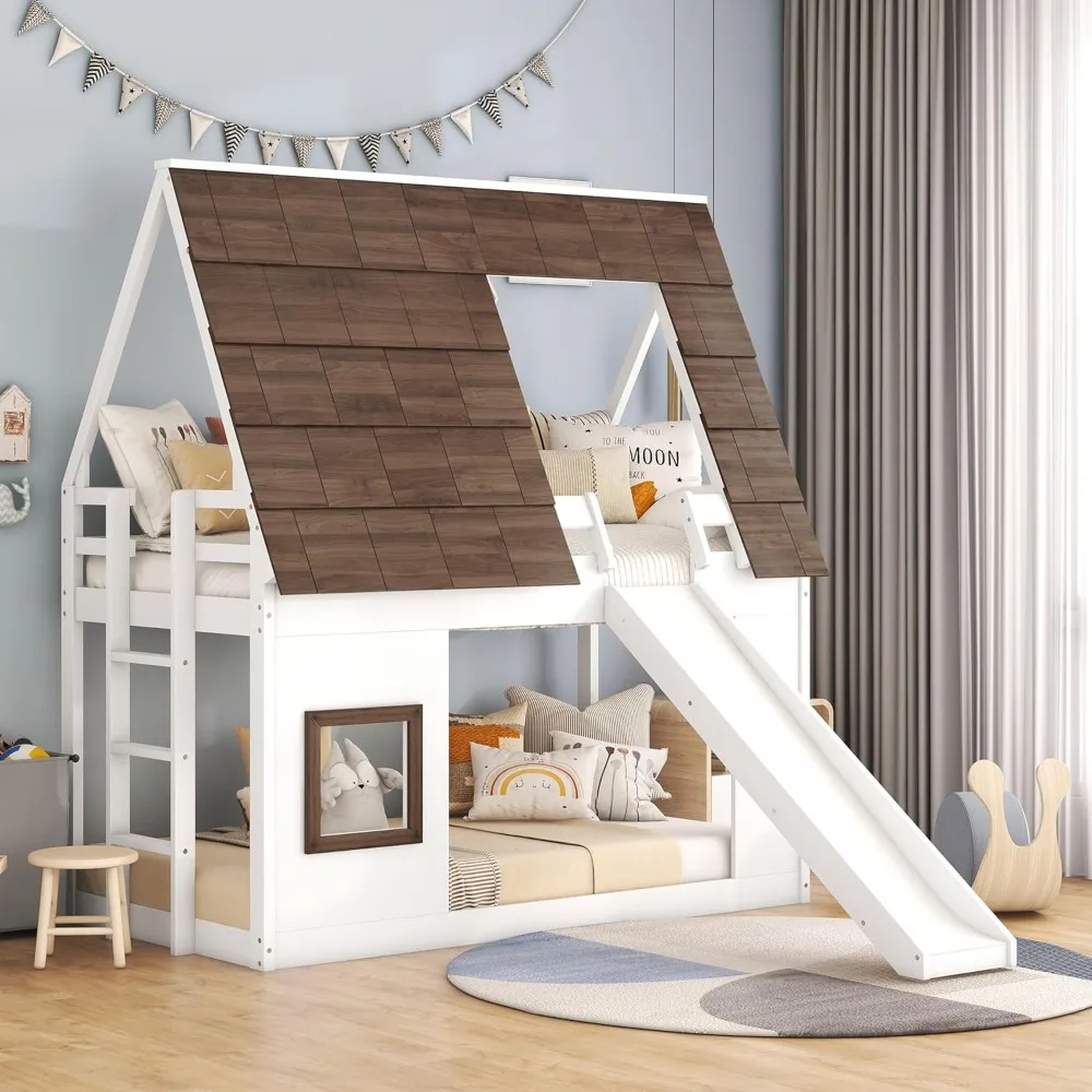 Twin Over Twin House Bunk Bed Frame with Roof,Window,Ladder and Slide for Boys Girls, White & Brown, 78.3