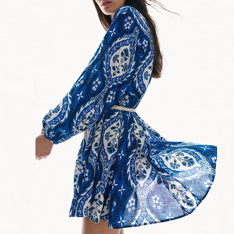 Women Fashion Stand Collar Pleat Loose Short Dress Elegant Hight Waist Lace-Up A-Line Dress Vintage Geometric Pattern Mini Dress