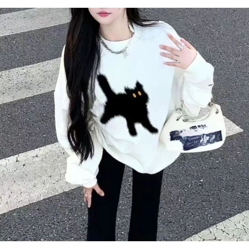 

2025 New Winter Autumn Thick and Soft Loose Lazy White Round-neck Hoodie for Women