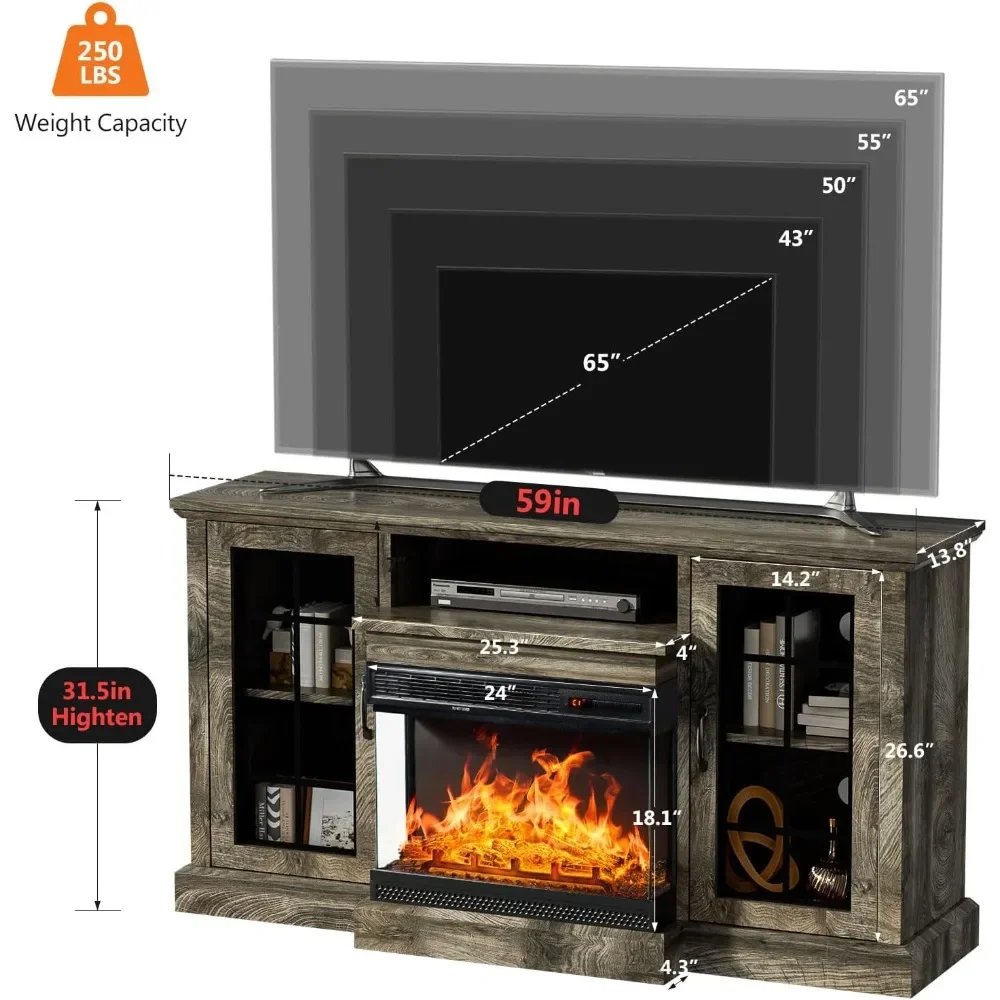 TV Stand 59'' for TVs Up To 65'' with Glass Door Adjustable Flame LED Color, 3 Sided Glass Set of TV Table