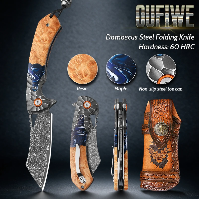 High-quality Damascus steel folding knife with a leather sheath portable pocket knife for outdoor , multifunctional EDC tool