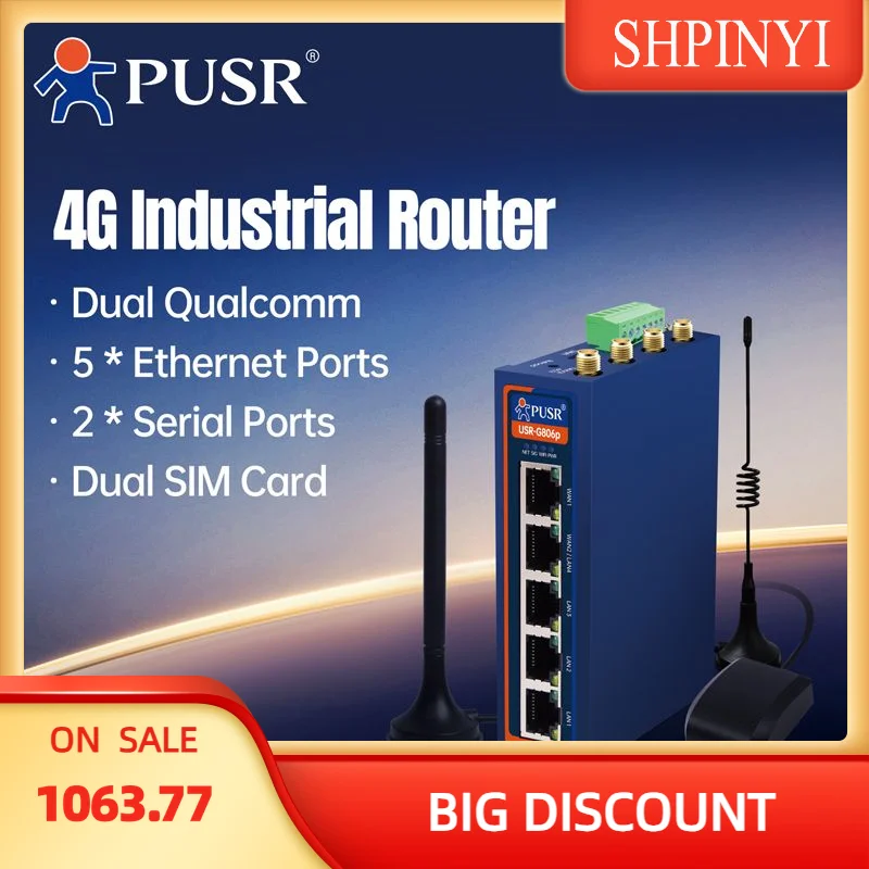 PUSR Dual Qualcomm Industrial Cellular Router 5*Ethernet+RS232+RS485 4G LTE Router Sim Card Modem WiFi Router USR-G806p