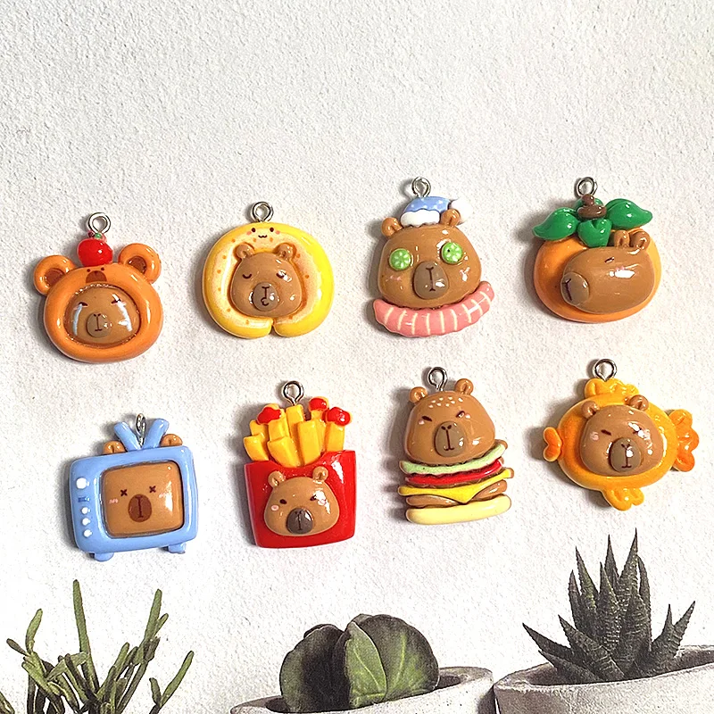 Breloques en résine Capybara paresseux lumineux, gâteau de poisson de dessin animé Kawaii, hamburger, frites, pendentif, accessoire, boucle d'oreille bricolage, fabrication de bijoux, 10 pièces