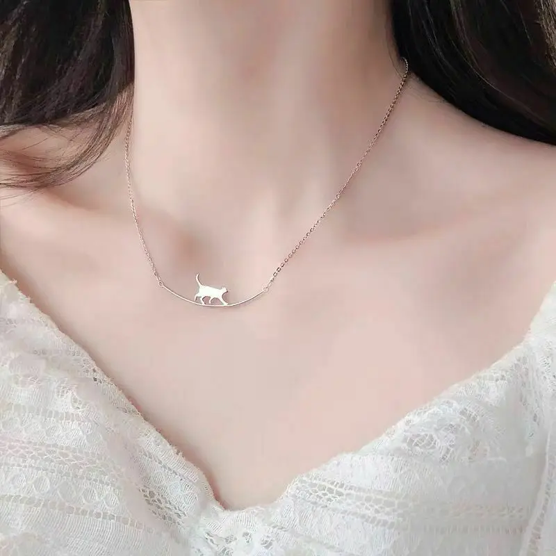 2022 Simple Fashion Silver Color Chic Walking Cat Animal Pendant Necklace Choker Clavicle Women Gift