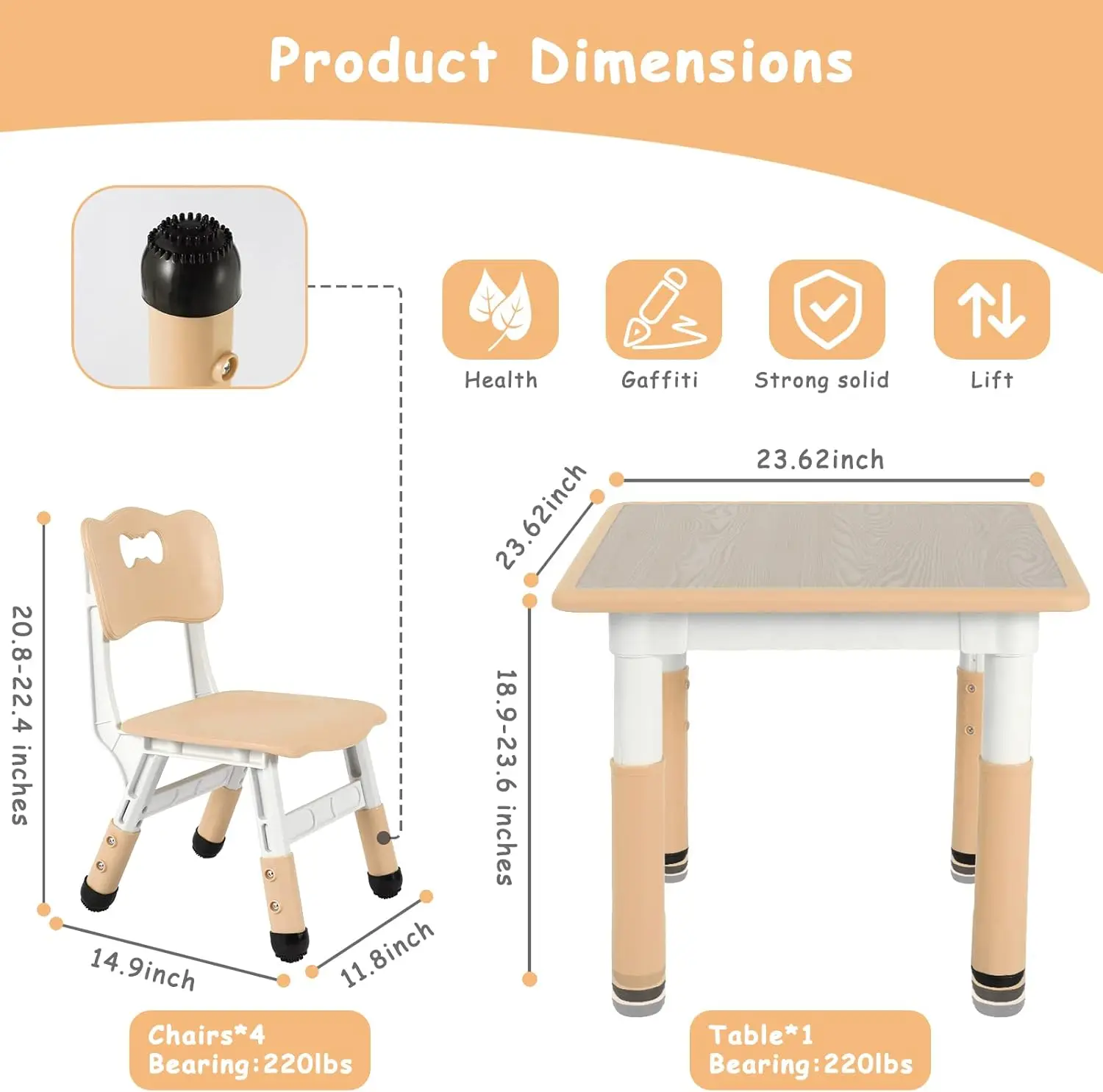 Kids Table and 4 Chair Set, Height Adjustable Toddler Table and Chair Set, Non-Slip Legs, Graffiti Desktop