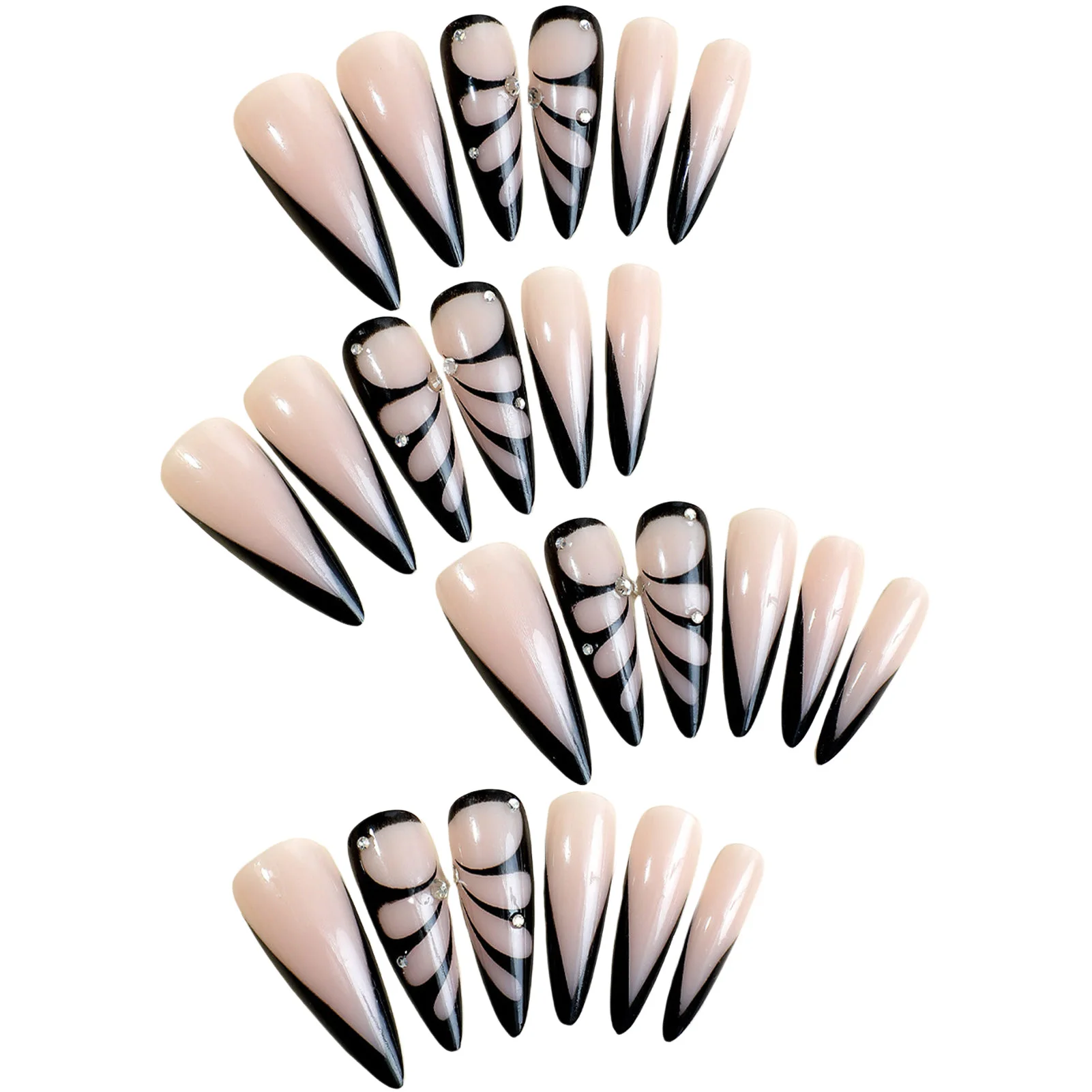 Pointed Tips Cool Fake Nail Black Wavy Line Minimalist French Artificial Nail for Daily Lives Everyday Use