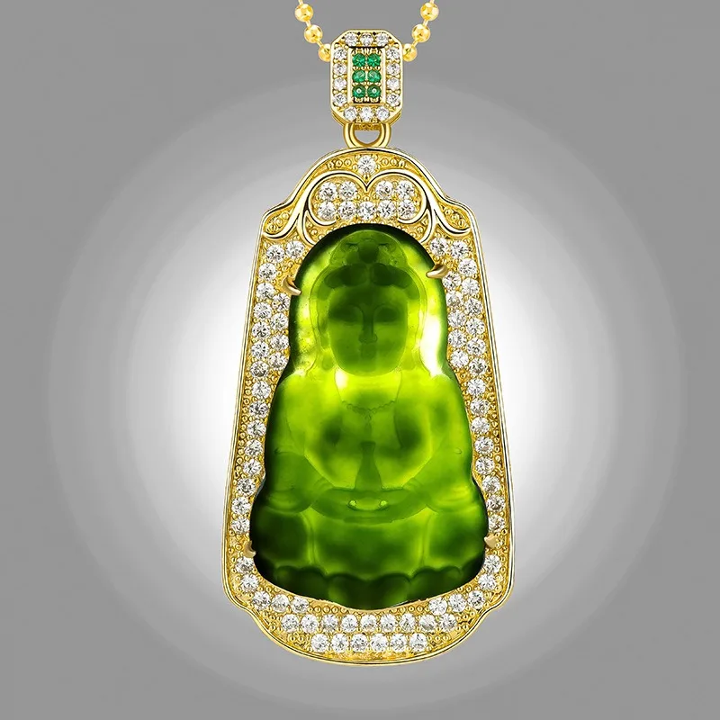 Genuine Natural Hetian Cyan Jade Guanyin Pendant 925 Silver Necklace Carved Fashion Charm Jewelry Amulet Gifts for Men Luxury