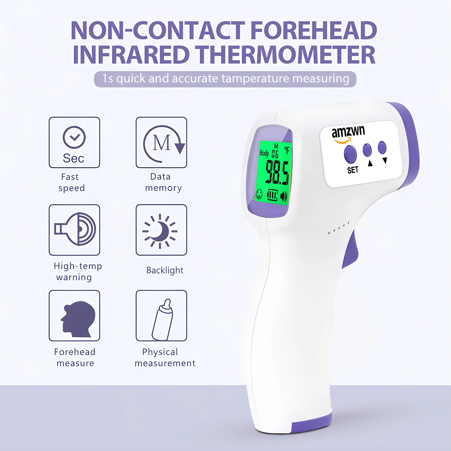 Digital Infrared Thermometer for Baby Kid Adult 1 Second Non Contacted Forehead 3 Color Fever Temperature Gun