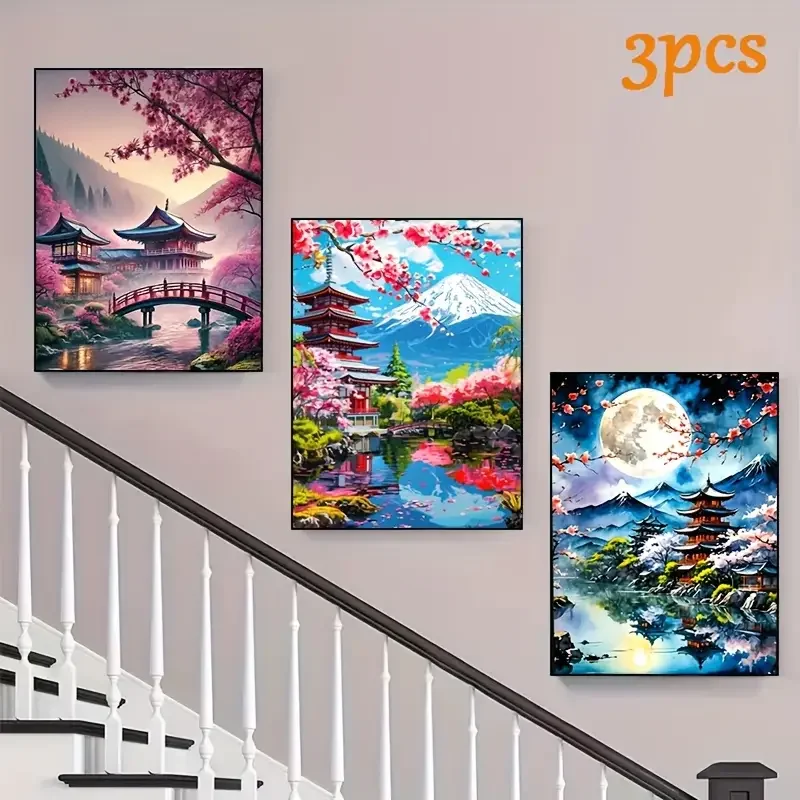 3Pcs Diy Diamond Painting Attic,Bridge,Beautiful Stream Landscape Embroidery Mosaic 5D Full Square Round Diamond Cross Stitch