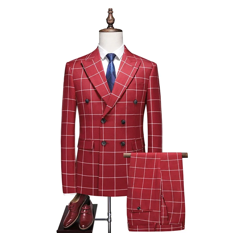 

(Blazer+Pant+Vest) Men Luxury Formal Wedding Suits Fashion Male Business Social Prom Party Double Breasted Plaid Dress 3 Piece
