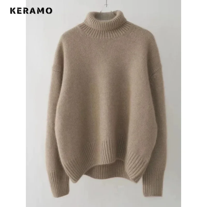 Women\'s Vintage Casual Knitting Long Sleeve Pullovers 2023 Winter Fashion Turtleneck Solid Ladies Loose Female Warm Sweater Top