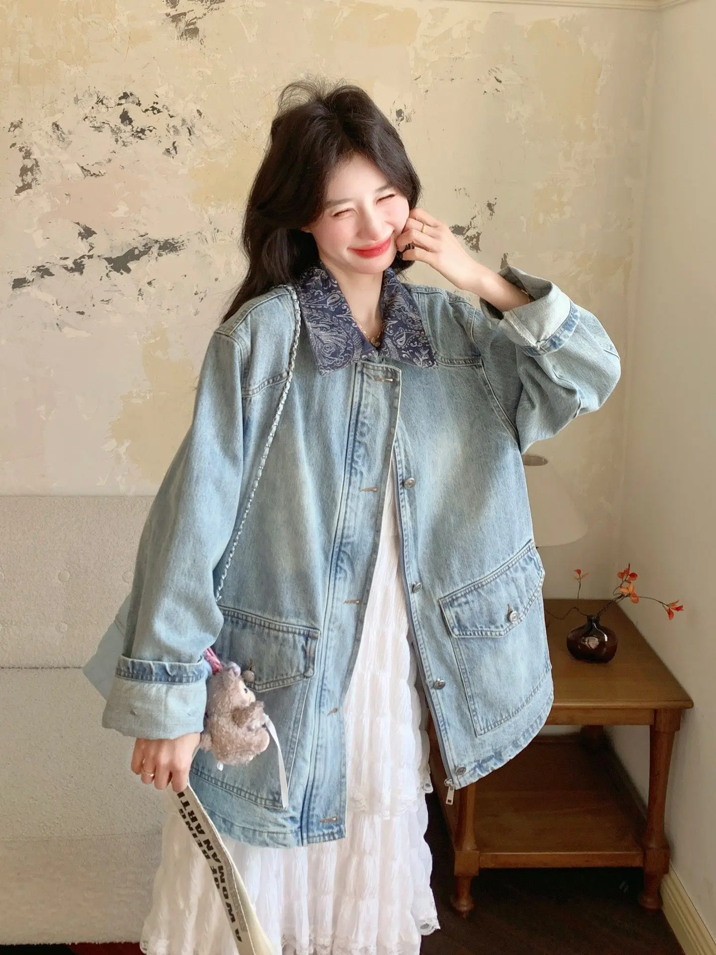 

SuperAen Retro Denim Coats for Women 2026 Spring New Korean Style Loose and Casual Patchwork Turn-down Collar High Street Jacket