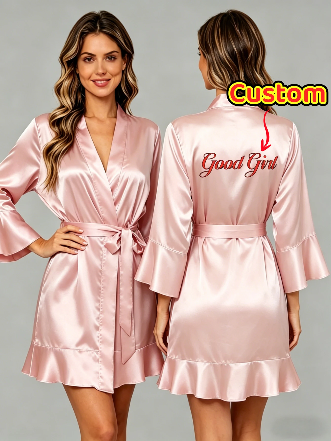 

Шелковый халат с вышивкой на заказ: имя, текст, дата, логотип, рюши. Халат для невесты, вечерний наряд, кимоно для девичника, пижама.