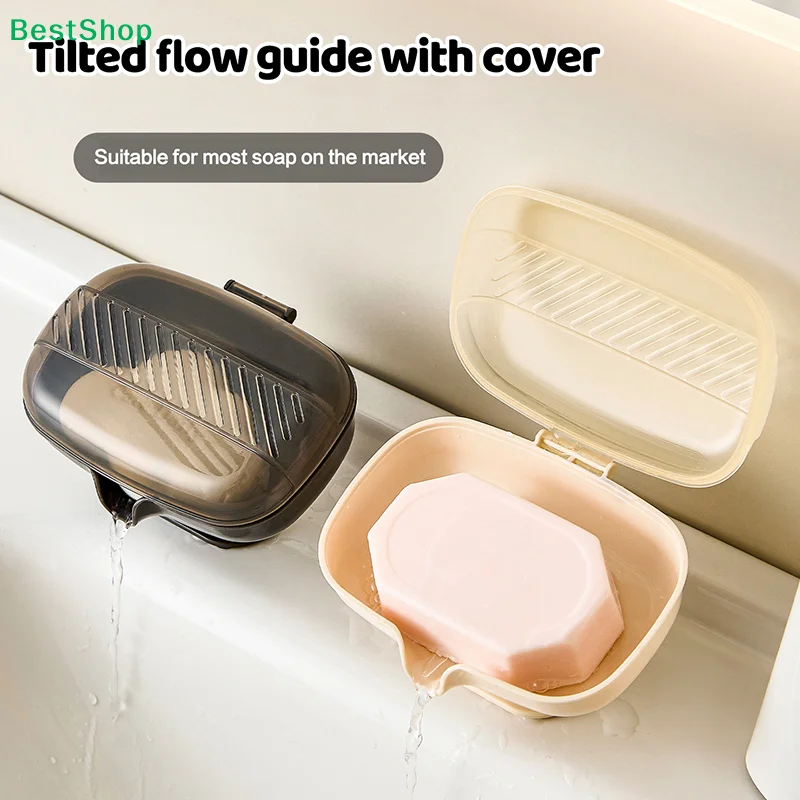 

〔R〕Travel Soap Container with Lid & Drain - Portable Soap Dish with Tilted Flow Guide for Bathroom & Travel