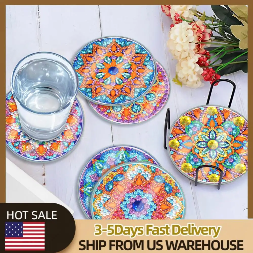 

6pcs Diamond Painting Coasters Kit Classic Mandala DIY Coaster Set Modern Animal Cartoon Waterproof for Adults and Beginners