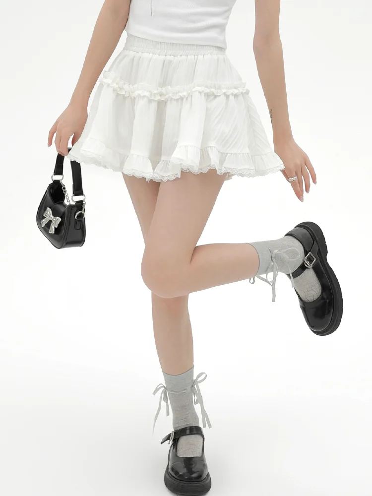 Mini Skirt Women Summer Kawaii Lace Mesh Patchwork Sexy White High Waist A-Line Lolita Ruffle Skirt