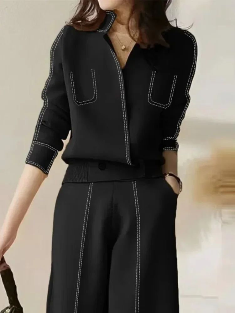 Lemongor Office Lady Commute Suits 2024 New Autumn Long Sleeve Split-Joint V-Neck Cardigan Tops & High Waist Loose Casual Pants