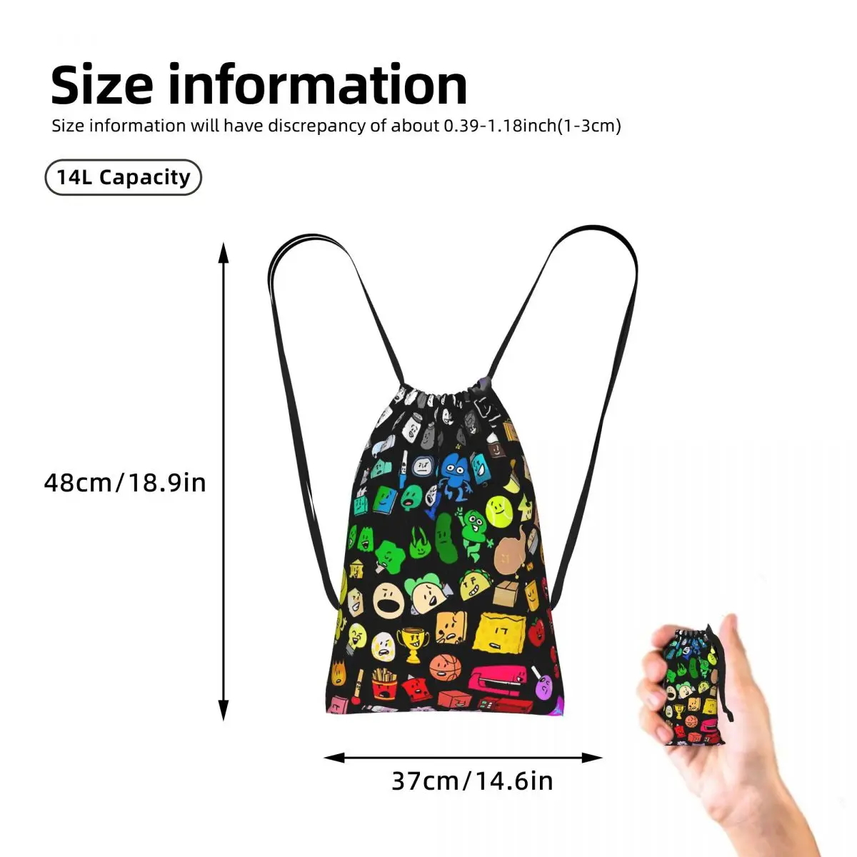BFDI Inanimate Insanity All Character Drawstring Backpack hiking cycling Bag Portable Travel Drawstring Bag for Men Women