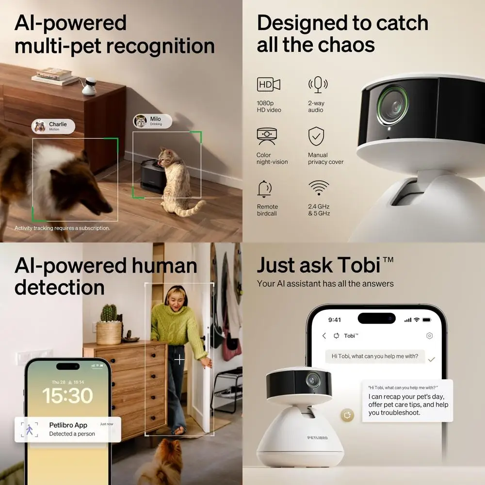 

Smart Pet Monitor with App: 1080P HD, Multi-Pet Detection, Activity Insights & Night Vision