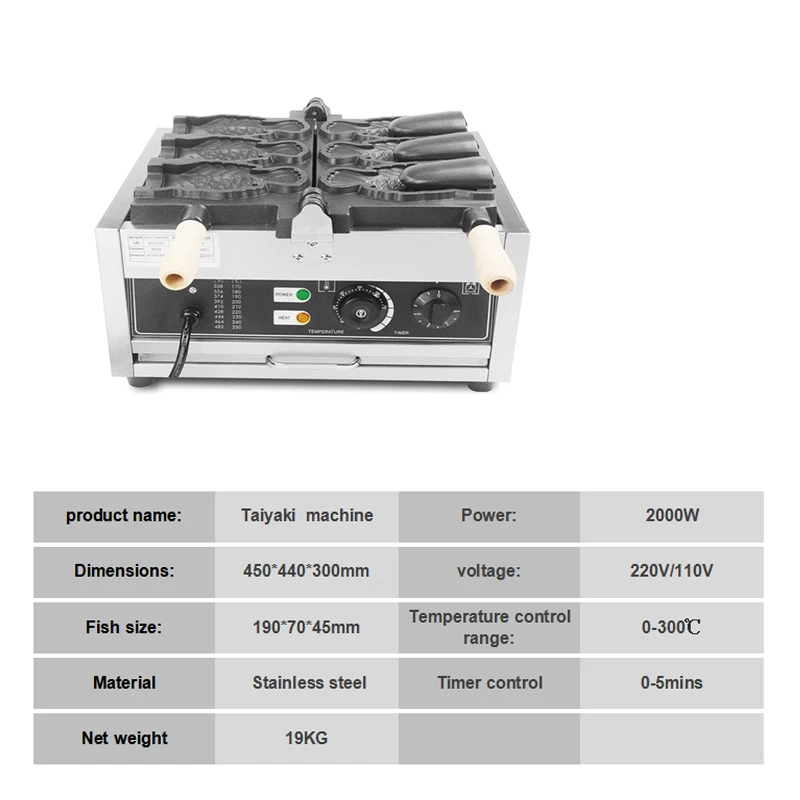 Komercyjne 3-częściowe lody w kształcie ryby Ciasto Waffle Cone Maszyna Nieprzywierająca Elektryczna Elektryczna Maszyna Taiyaki z otwartymi ustami