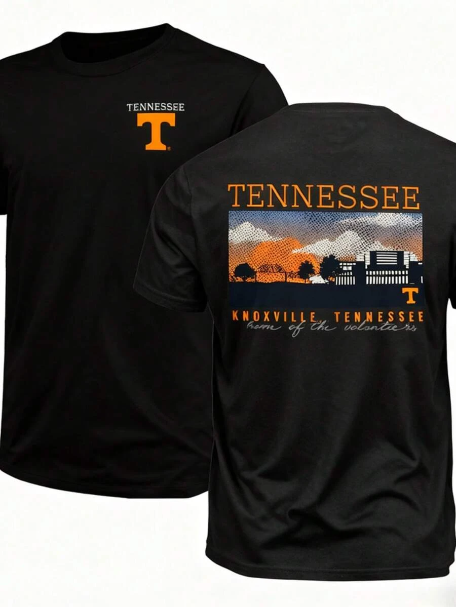 2026 Tennessee Volunteer Graphic Tee Unisex Short Sleeve Black T-shirt Knoxville Stadium Mountain Scene Front And Back Print