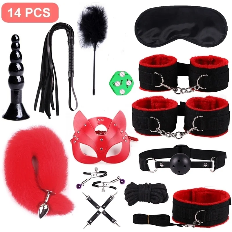 Bondage SM BDSM14pcs Set Adults Sex Toys For Women Men Handcuffs Nipple Clamps Whip Spanking Sex Metal Anal Plug Vibrator Butt