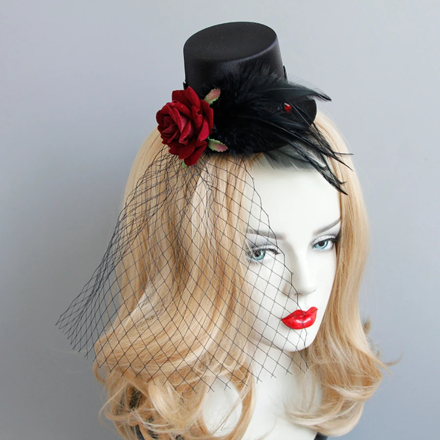 Gothic punk retro red rose feather mesh sexy Comic-Con small top hat show headwear accessories