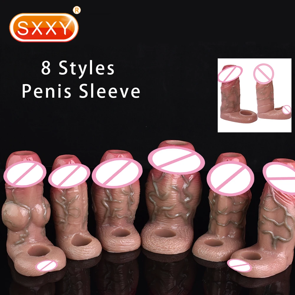 SXXY 8 Styles Silicone Realistic Penis Extend Device Skin Feeling Dick Extender For Men Enlargement And Thickening Couple Game