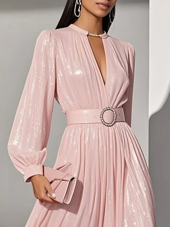 Customized Shimmering Pink Prom Dress Keyhole Neck Lantern Sleeve Maxi Dress A Line Midi Length Formal Evening Party Gown
