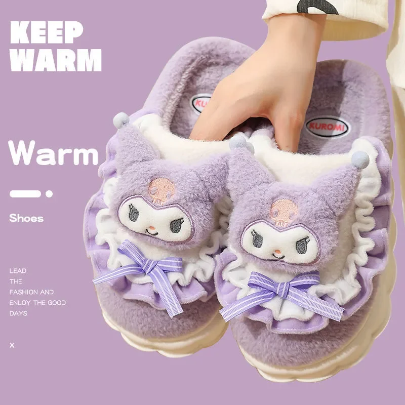 Sanrio Hello Kitty Slippers Kawaii Cinnamoroll My Melody Cotton Slippers Women\'s Winter Velvet Kuromi Warm Home Slippers Shoes