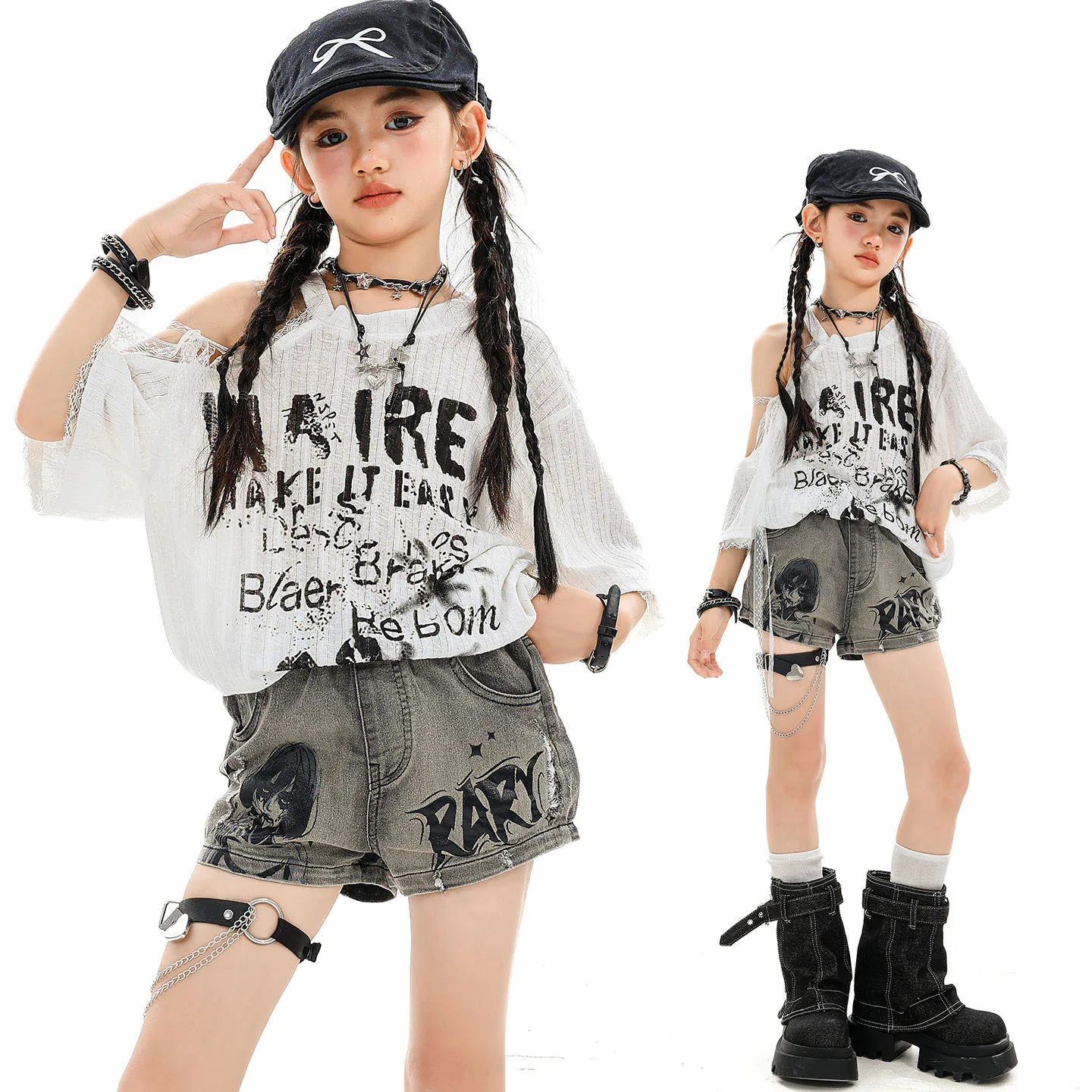 

Kid Kpop Hip Hop Clothing White Off Shoulder T Shirt Gray Casual Print Ripped Shorts for Girls Jazz Dance Wear Costumes Clothes